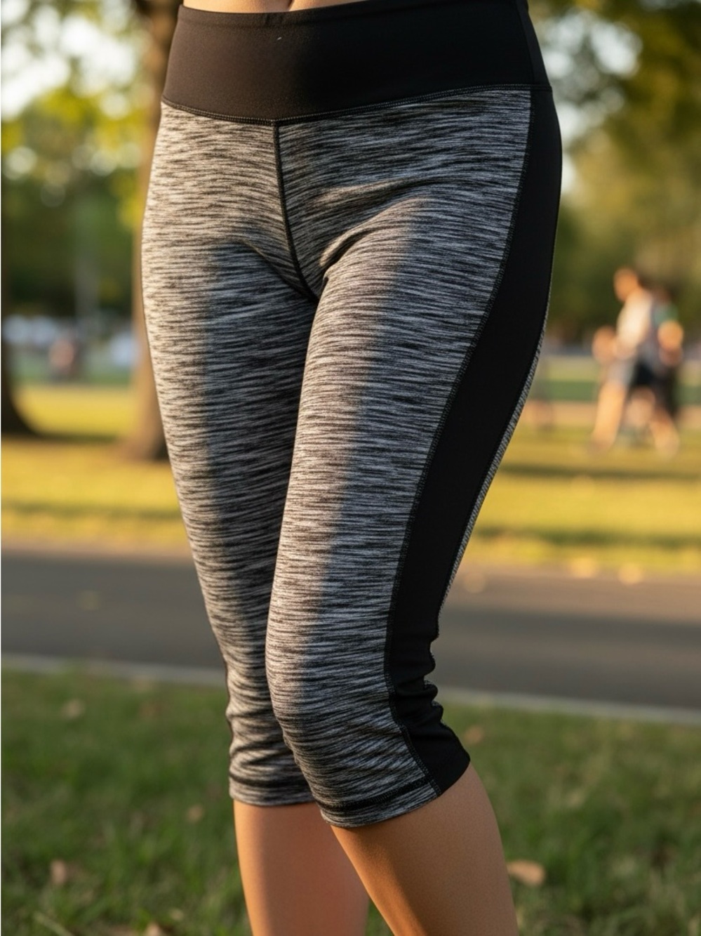 Grey Space-Dye Capri Leggings with Black Side Panels